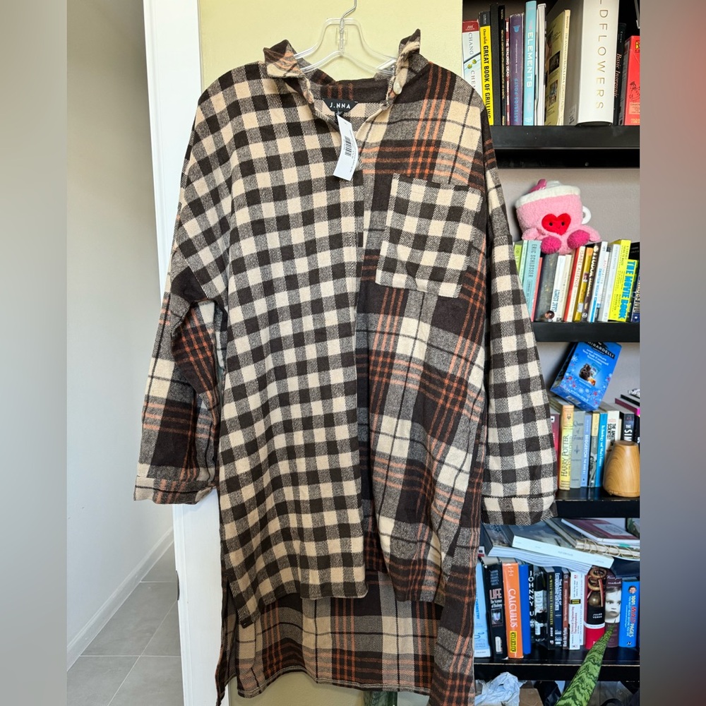 NWT J.NNA Multi-Pattern Plaid Oversized Button Up Top